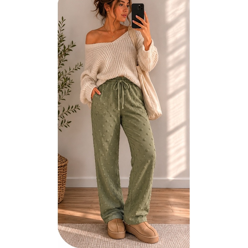 Blu Pepper Sage Green Textured Polka Swiss Dot Drawstring Lounge Pants/joggers
